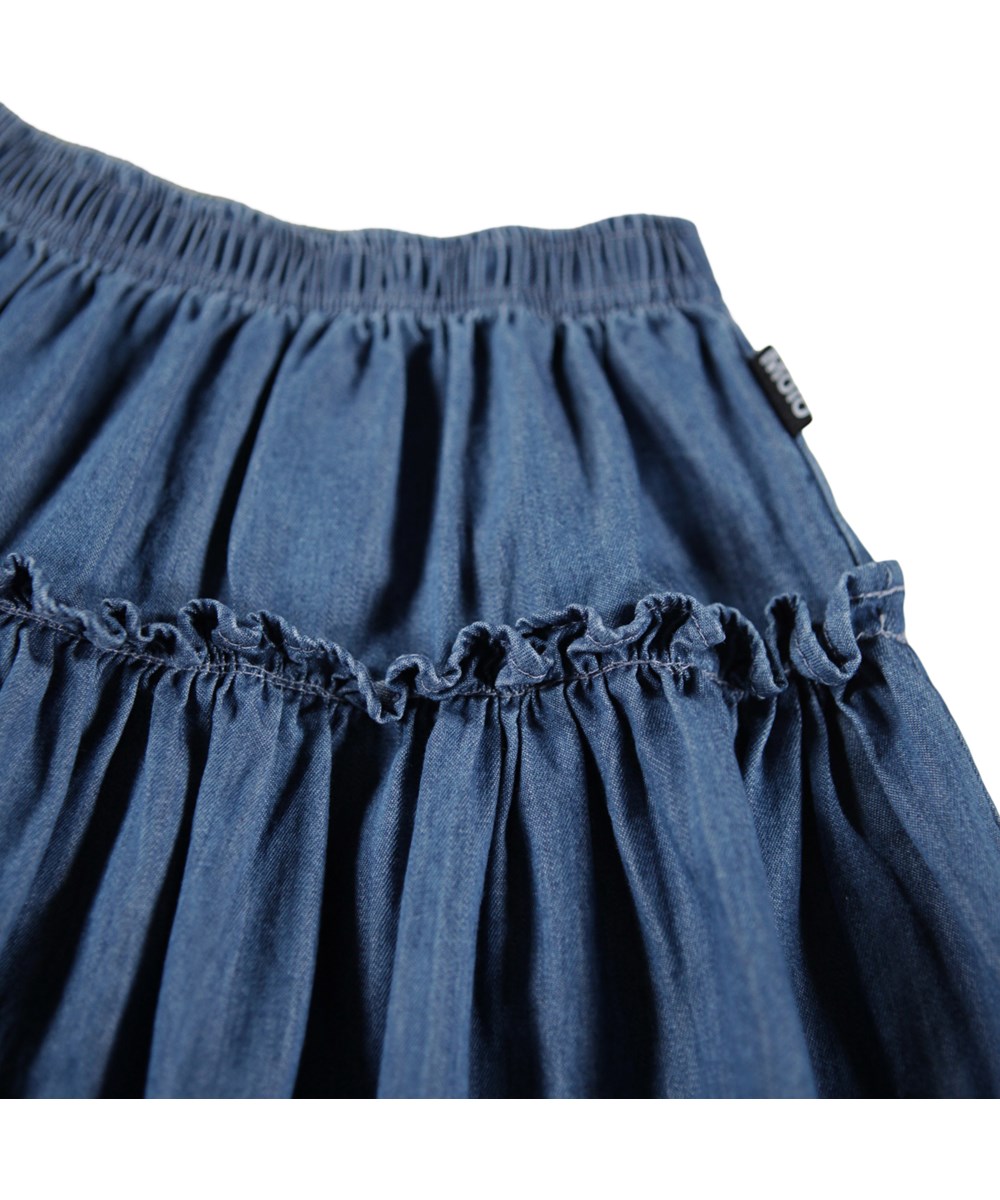 Bel - Washed Blue - Skirt for children made of organic cotton chambray with ruffle edge.