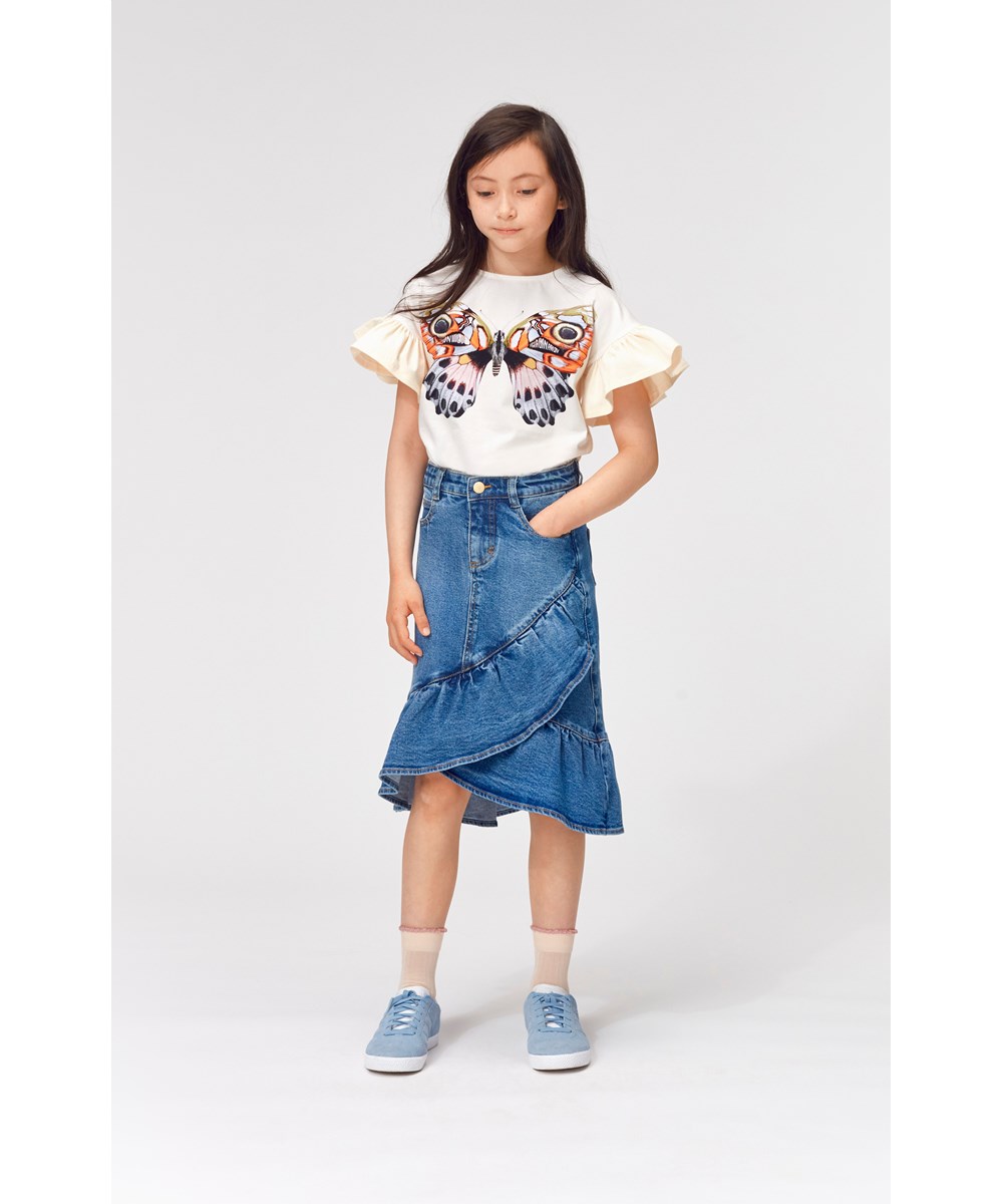 Belinda - Retro Blue Denim - Blue denim skirt with wrap around effect and ruffle edge