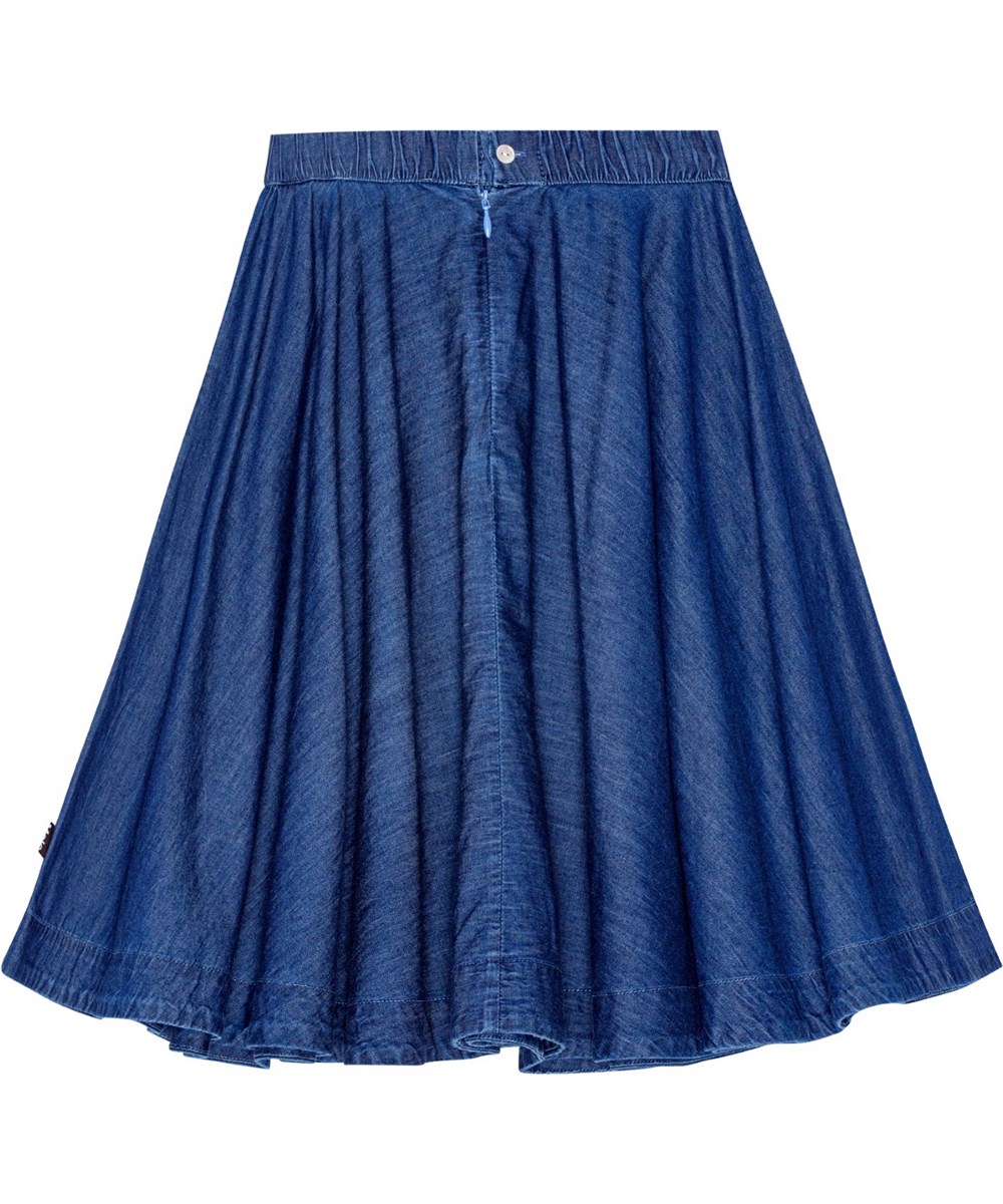 Bell - Mid Blue Wash - Blue denim A-line skirt in organic cotton with side seam pockets.