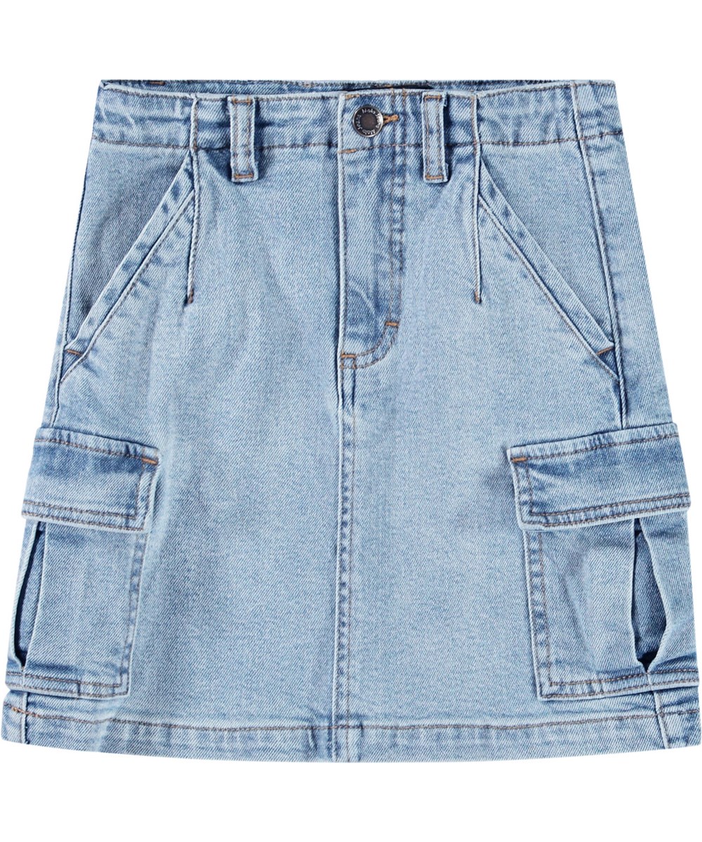 Belli - Distressed Washed - Blue denim skirt in organic cotton with cargo pockets on the side for children.
