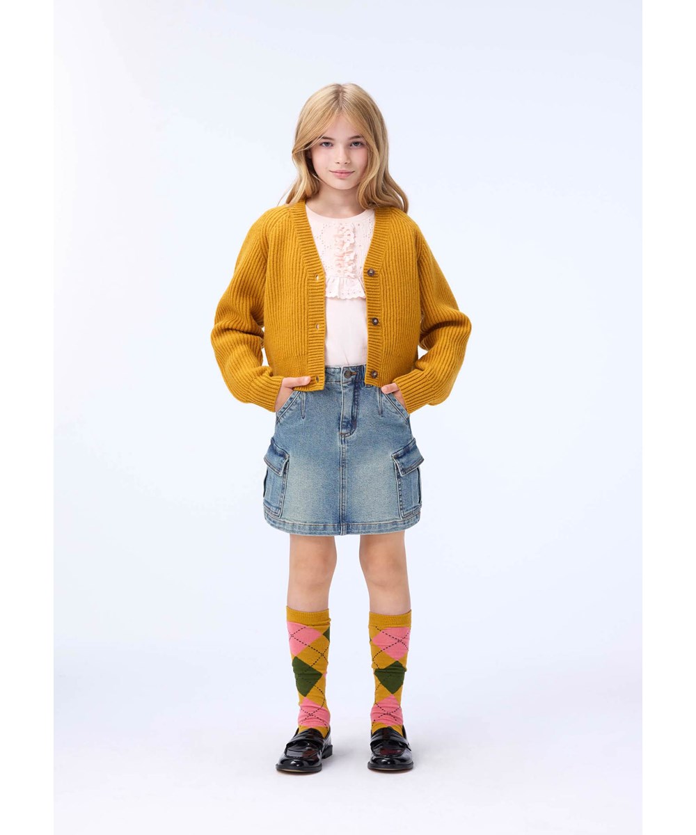 Belli - Vintage Denim - Denim skirt for children made of organic cotton with cargo pockets on the side.