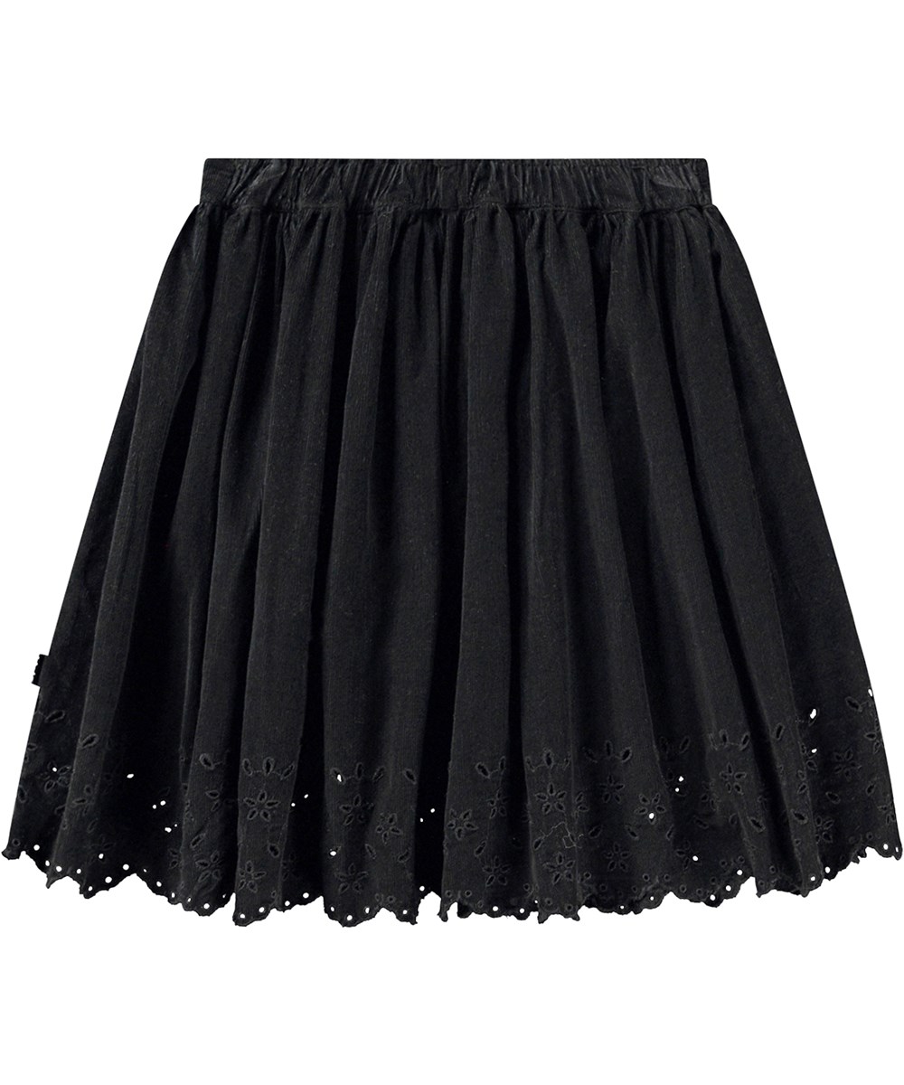 Bellis - Black - Knee-length black corduroy skirt with lace flower pattern, elastic waist.