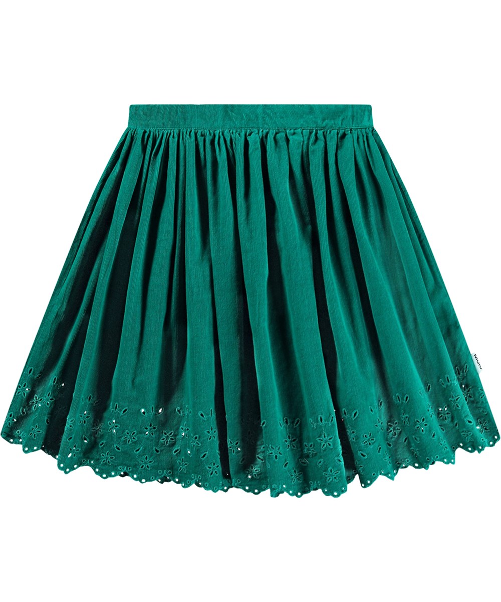 Bellis - Sporting Green - Knee-length green corduroy skirt with lace flower pattern, elastic waist.