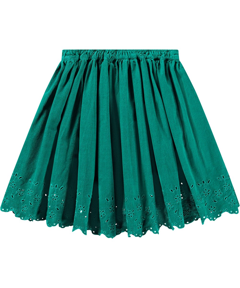 Bellis - Sporting Green - Knee-length green corduroy skirt with lace flower pattern, elastic waist.