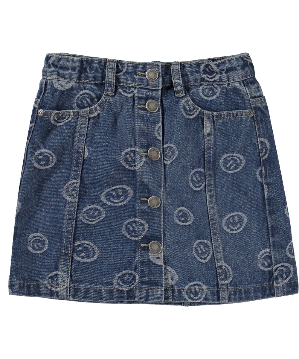 Bera - Blue Happiness - Denim skirt with smiling faces