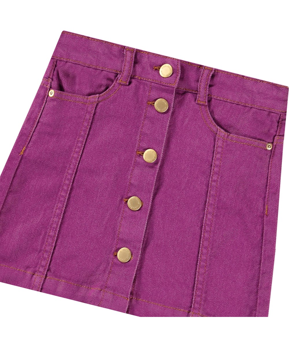 Bera - Lilac Grape - Purple denim skirt with gold-coloured buttons as fastening for children.