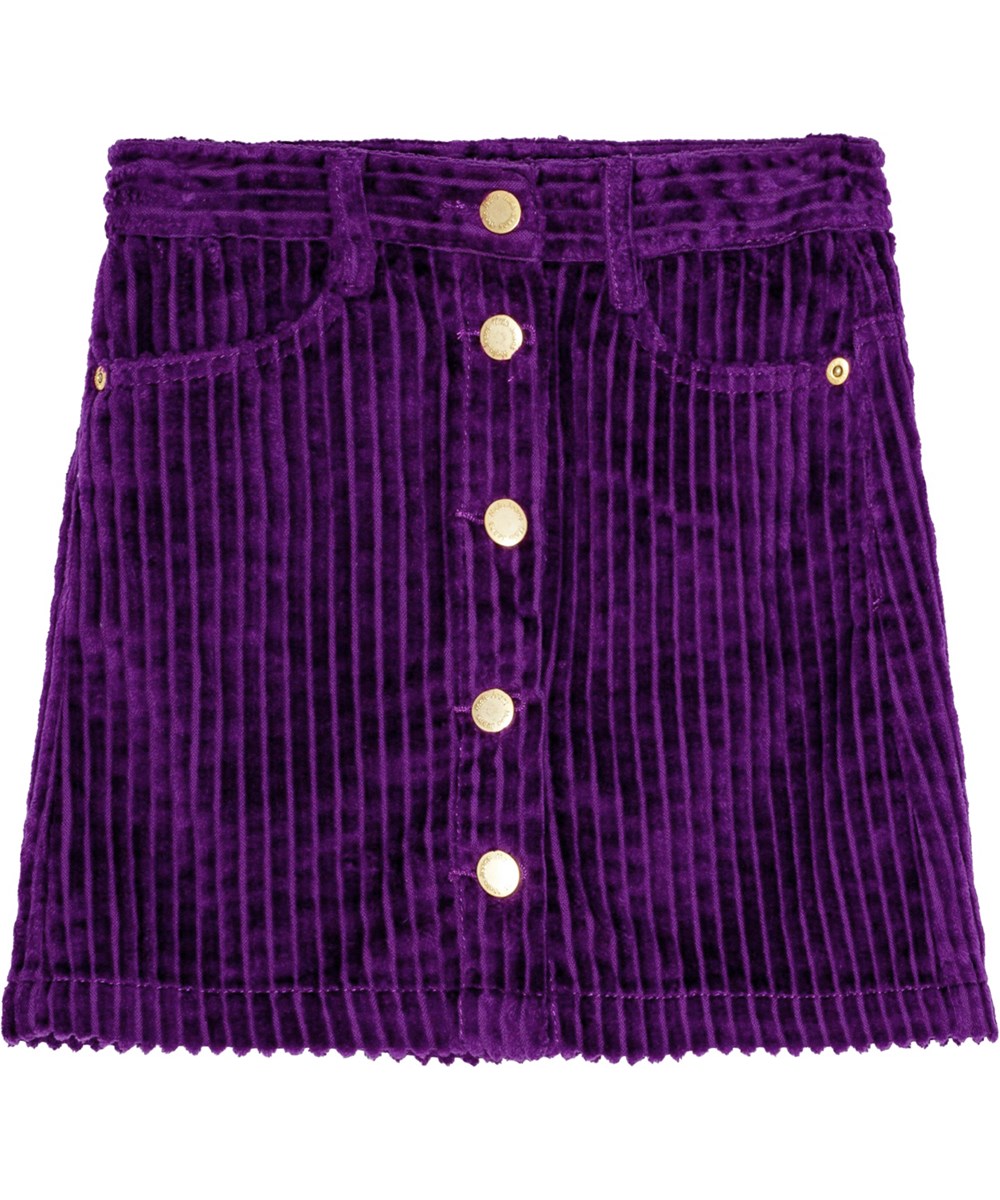 Bera - Warm Purple - Purple corduroy skirt with gold buttons, mid-thigh length, detailed stitching.
