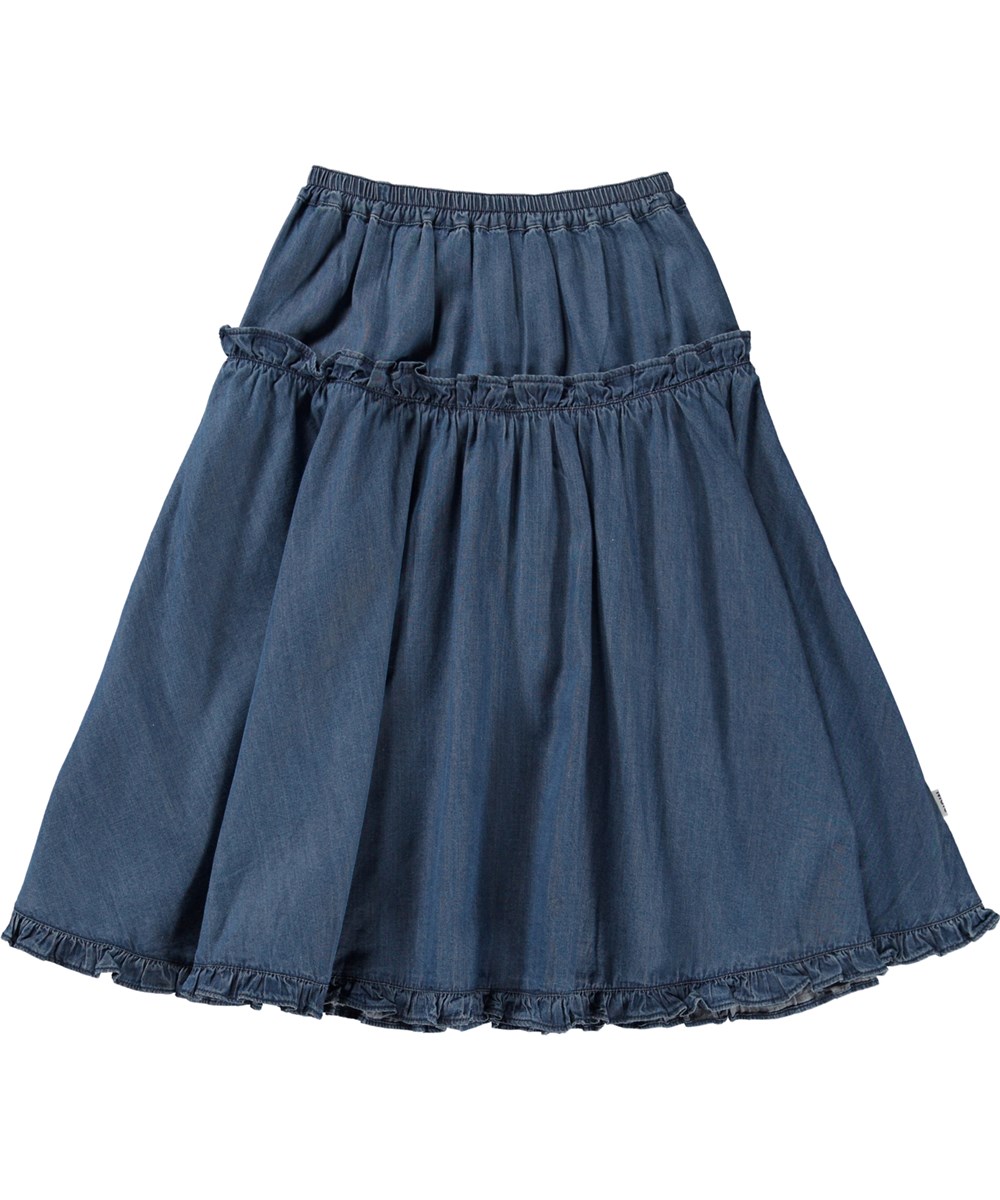 Berit - Washed Chambrey - Dark blue organic midi skirt in cotton chambray 