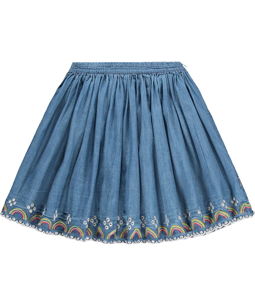 Bernie - Wonder Rainbow - Blue denim skirt for children made of organic cotton with an embroidery