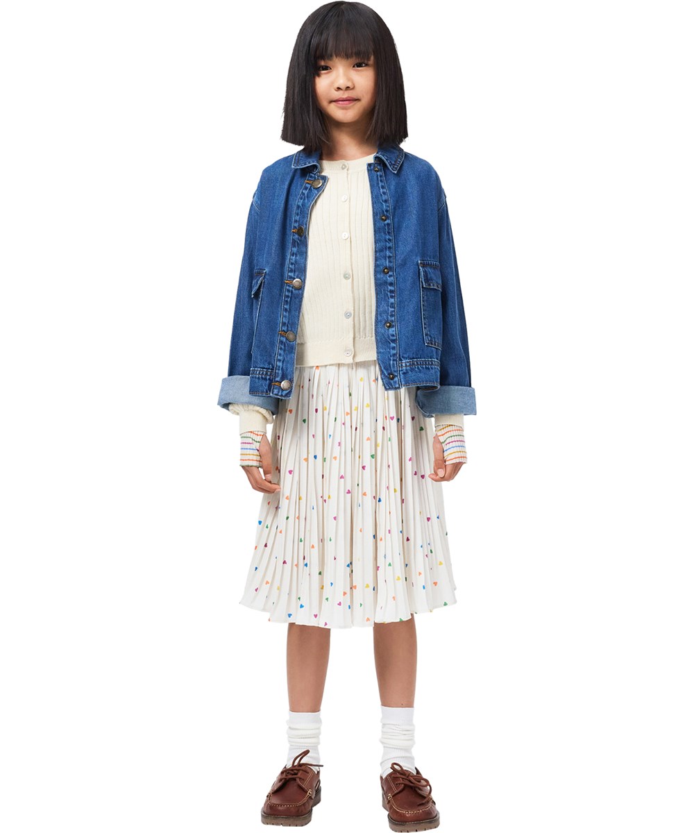 Bess - Confetti_Rainbow - Off-white pleated skirt for children with a heart print 