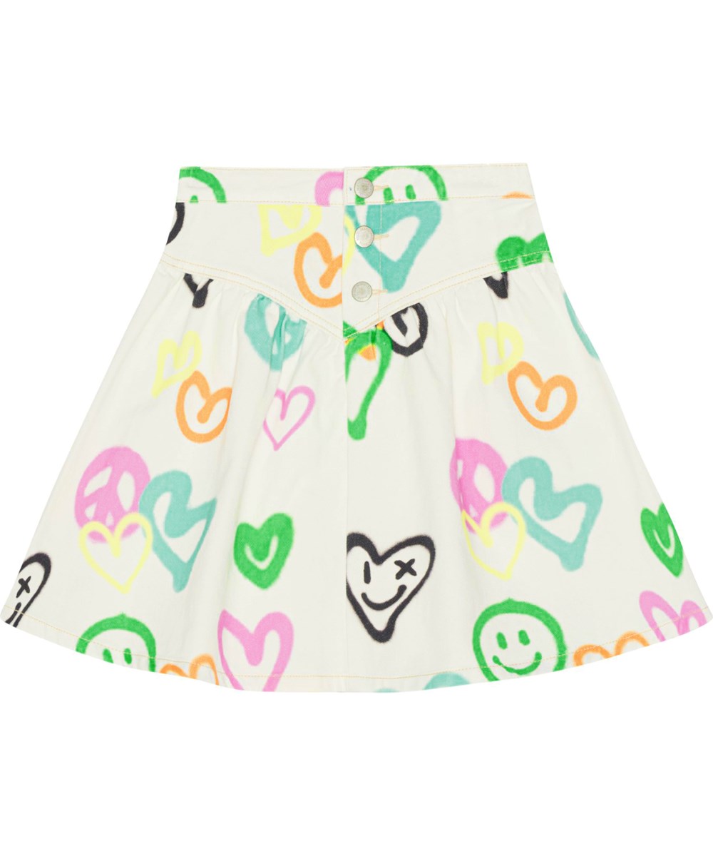 Betsy - Heart Colours - Mid-length white denim skirt in all over graffiti print with multi-coloured hearts