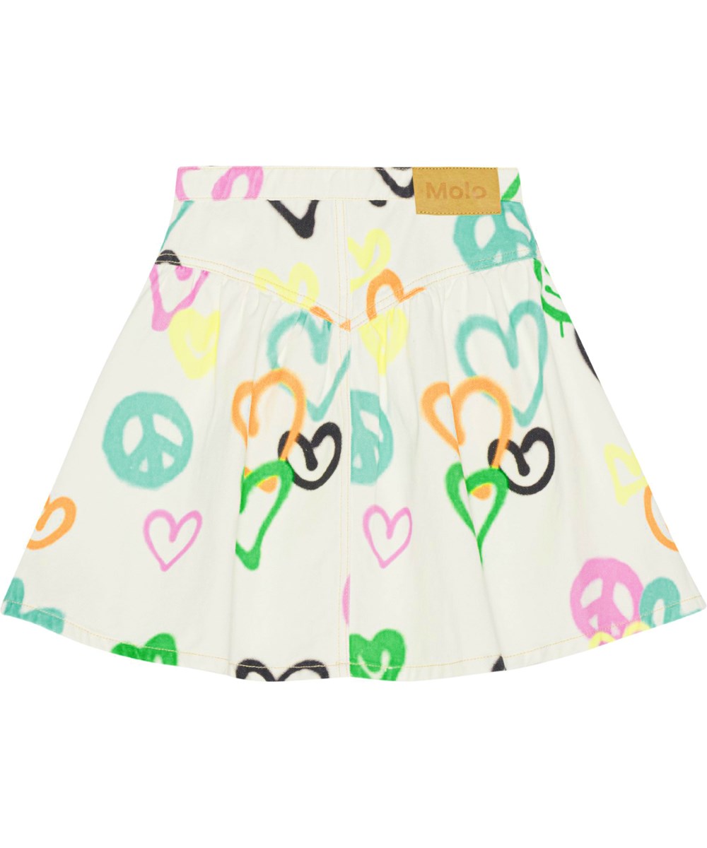 Betsy - Heart Colours - Mid-length white denim skirt in all over graffiti print with multi-coloured hearts