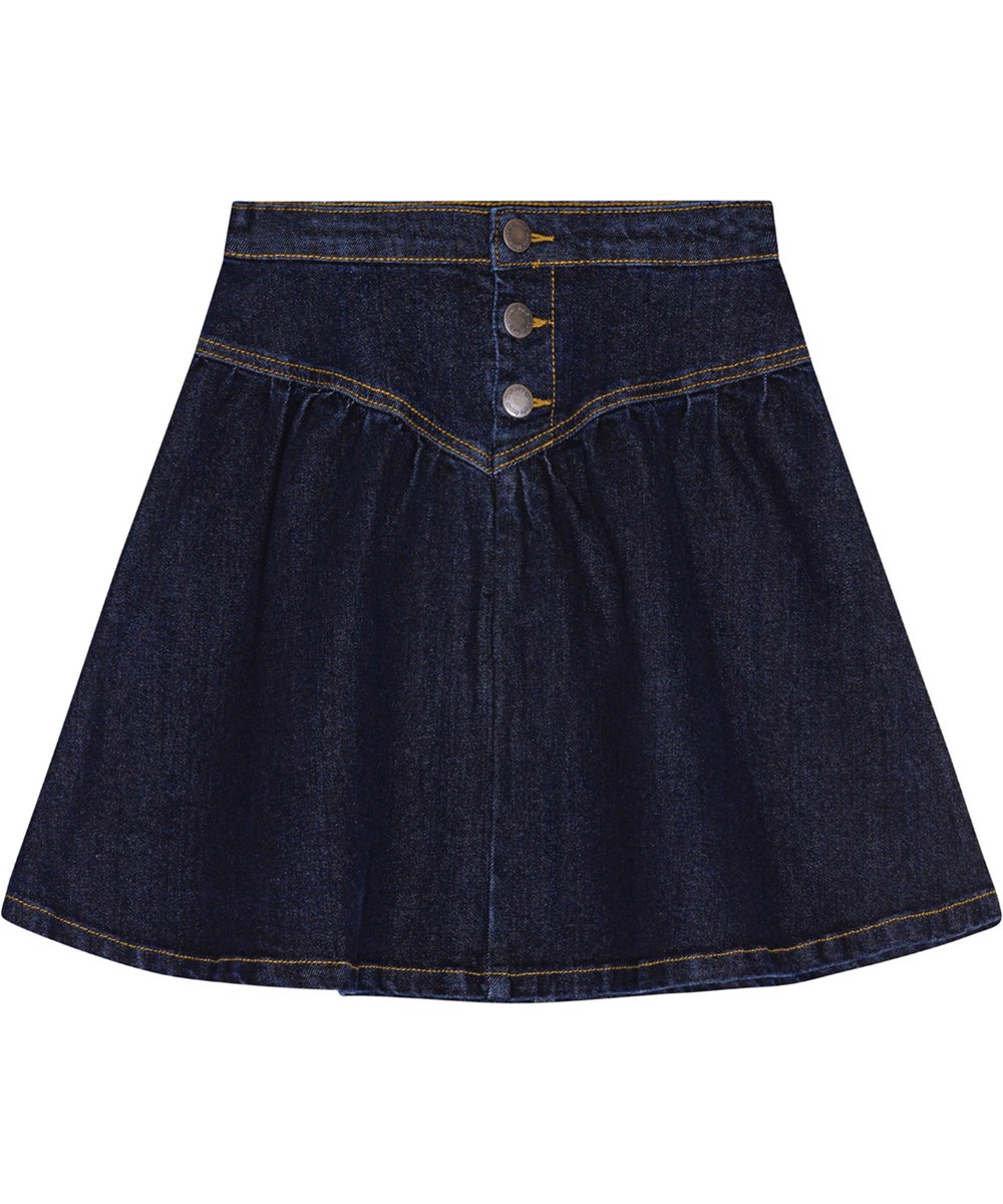 Betsy - Raw Blue - Dark blue denim A-line skirt with yoke and button closure.