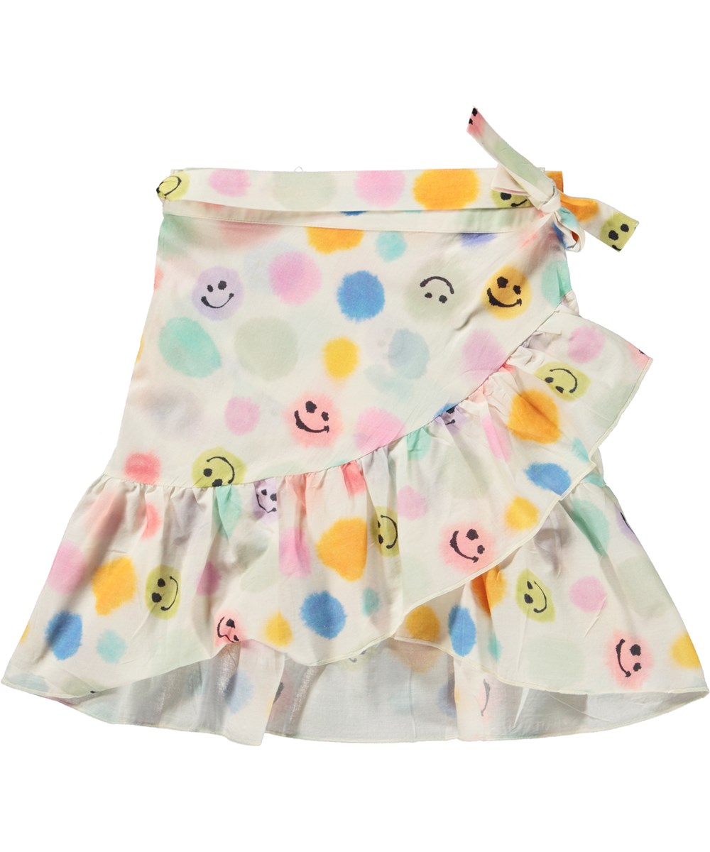 Bina - Painted  Dots - Wrap skirt in organic cotton with smiling faces print