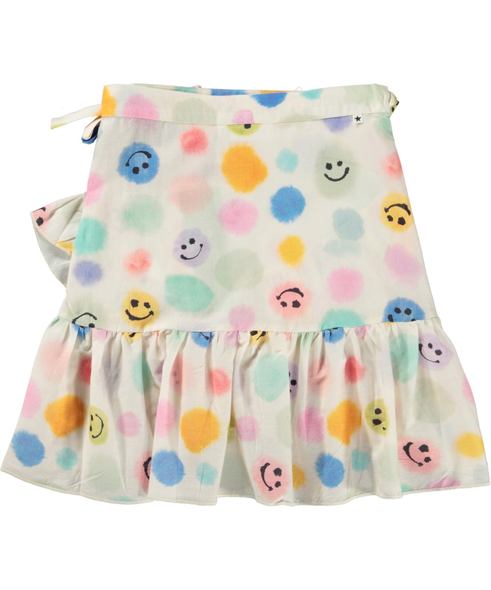 Bina - Painted  Dots - Wrap skirt in organic cotton with smiling faces print