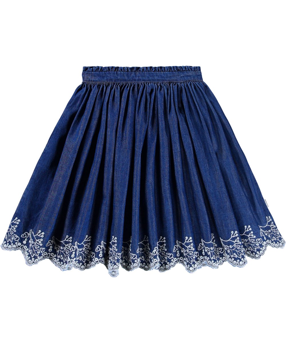 Bitta - Oak Embroidery - Blue skirt for children made of organic cotton chambray with white English embroidery.