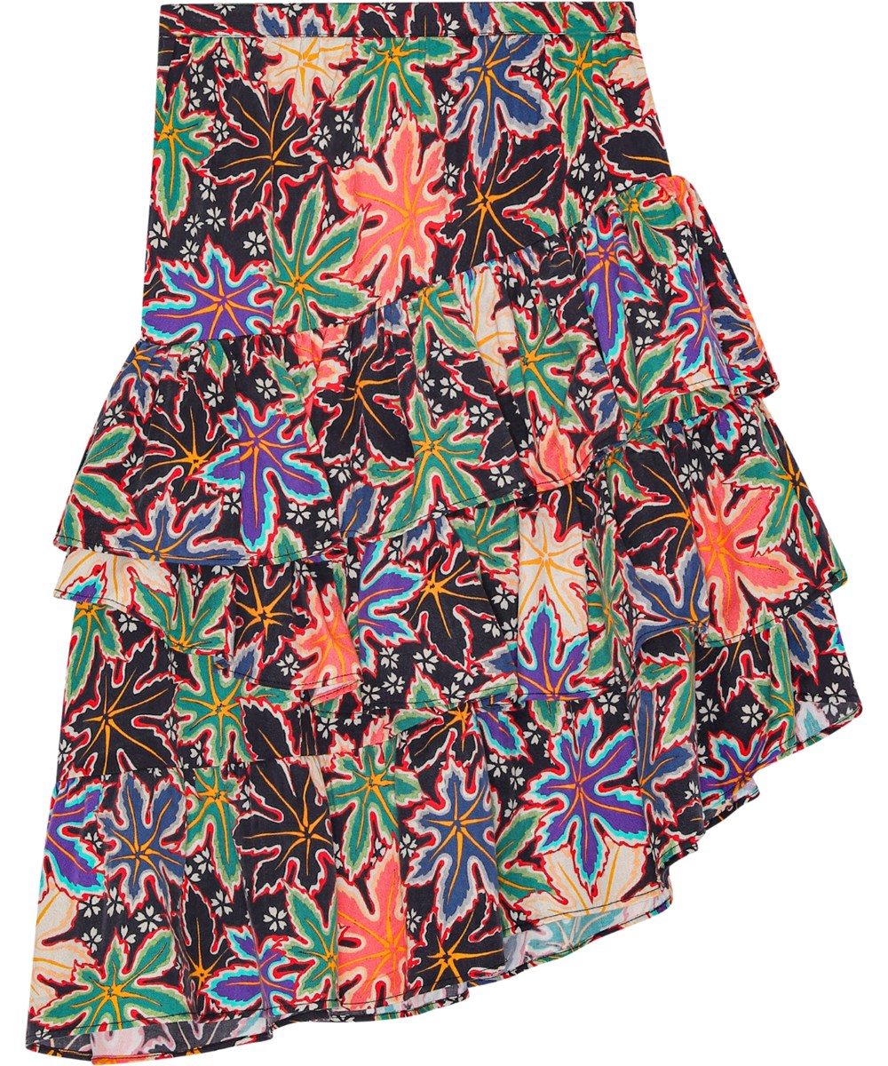 Blair - Leafy - Soft and lightweight black pleated skirt with multicoloured maple leaf print.