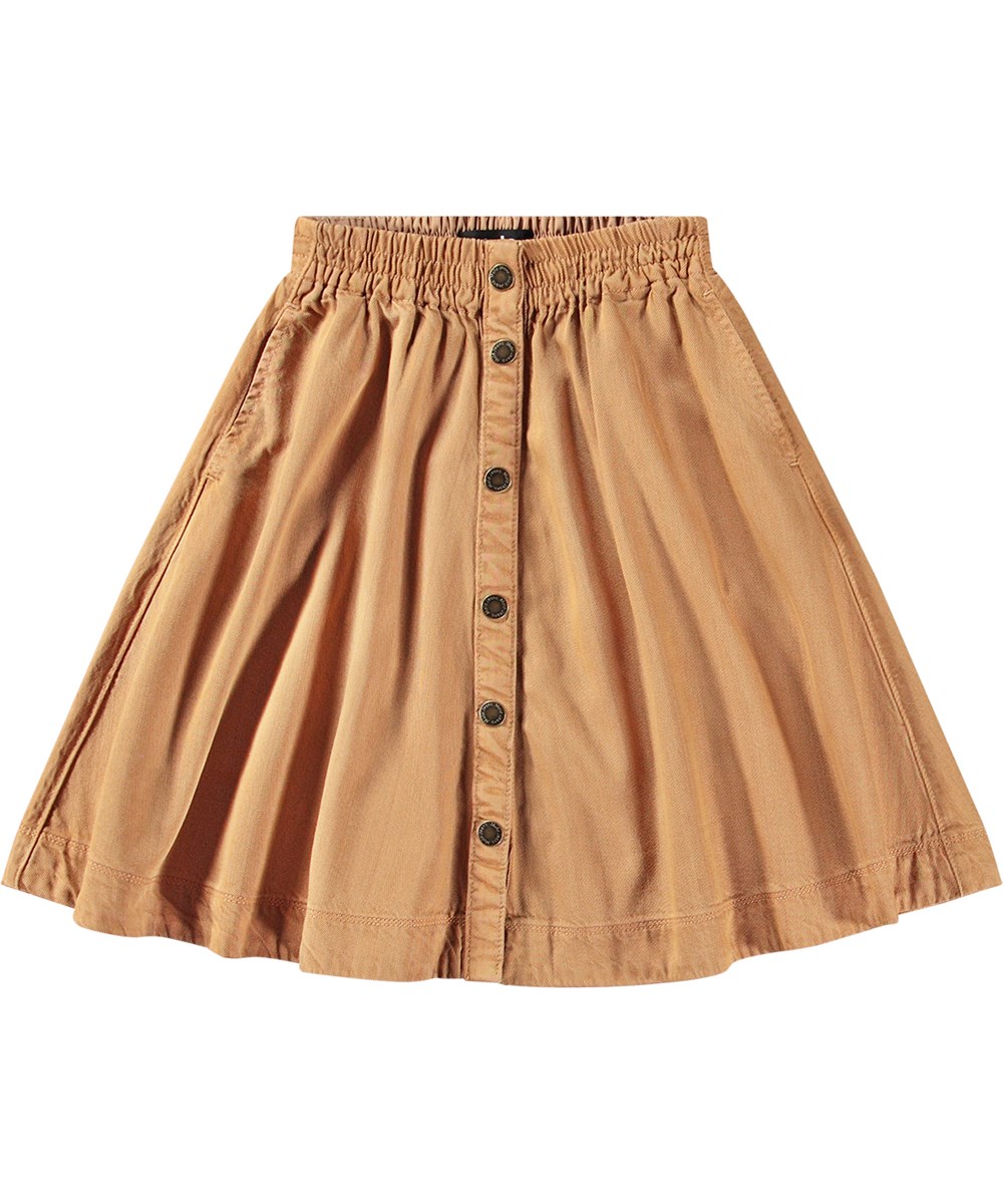 Bolette - Brown Sugar - Brown knee-length circle skirt in soft cotton and viscose blend. Elastic waist, side seam pockets, copper snap buttons.
