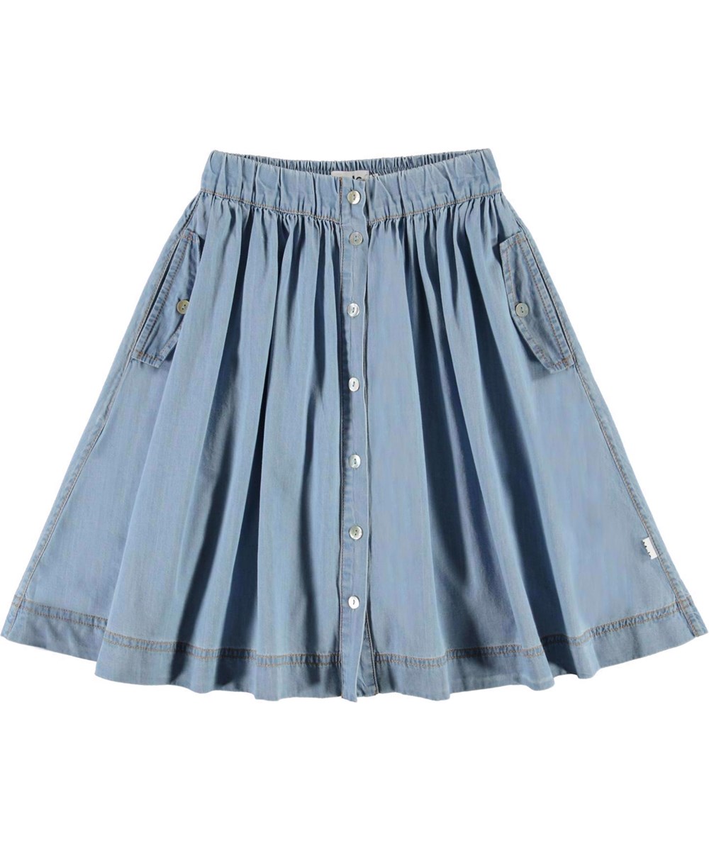 Bolette - Summer Wash Indigo - Light blue denim skirt with buttons