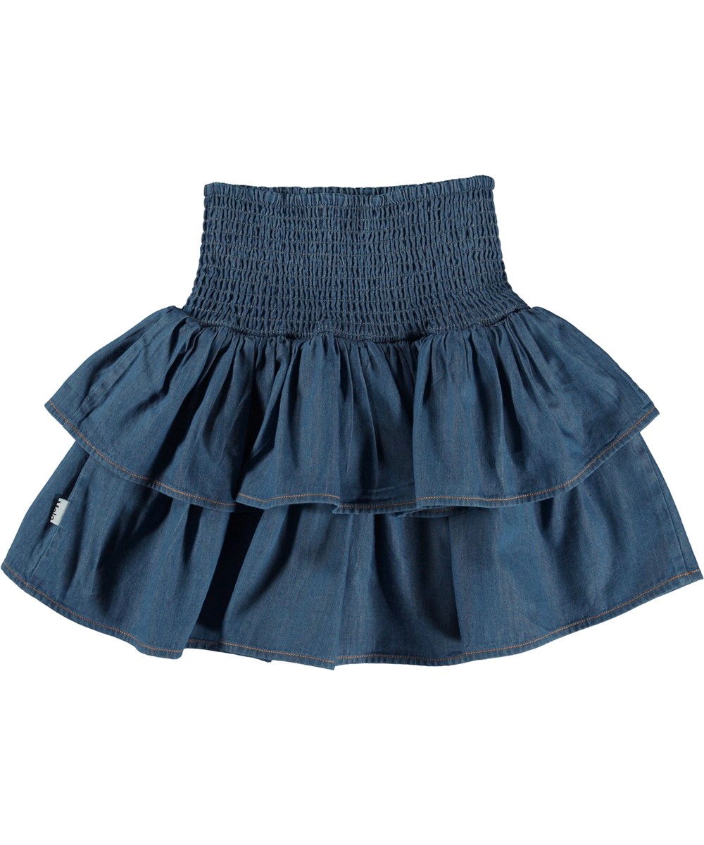 Bonita - Washed Chambrey - Blue organic knee length skirt in chambray with smocking
