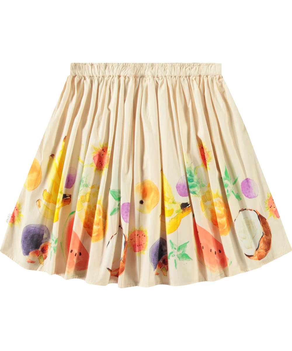 Bonnie - Dancing Fruits - Beige knee-length cotton skirt with a fruit print for children.