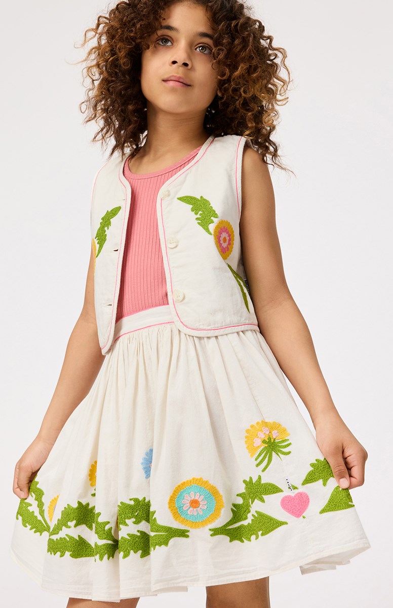 Bonnie - Dandelion Border - Light pink knee-length cotton skirt with pink stripes and embroidered dandelions for children.