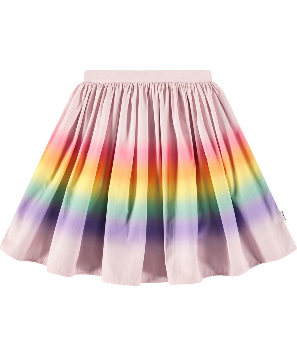 Bonnie - Fading Sunset - Pink knee-length cotton skirt with a rainbow print for children.