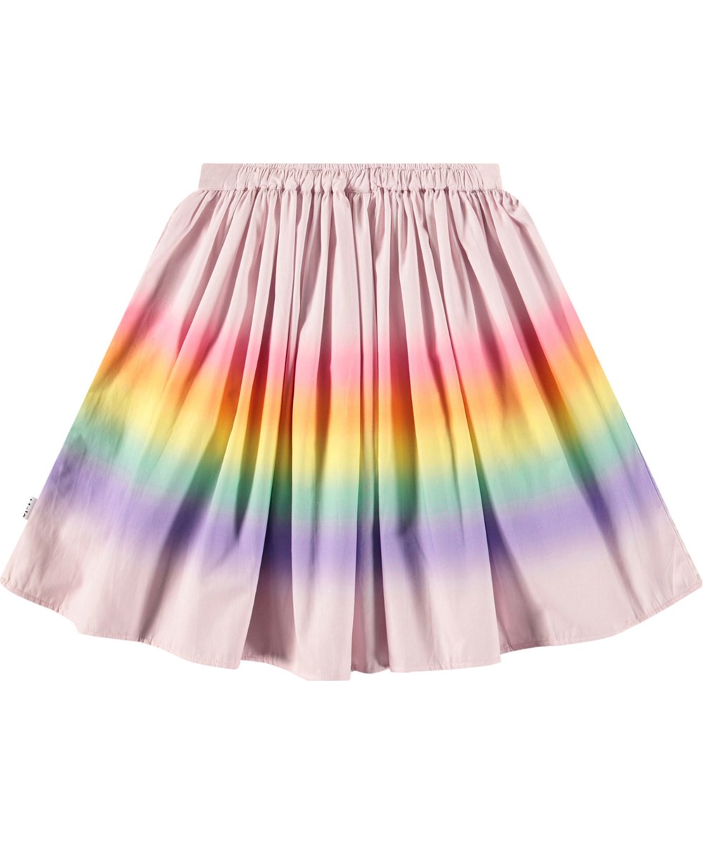 Bonnie - Fading Sunset - Pink knee-length cotton skirt with a rainbow print for children.