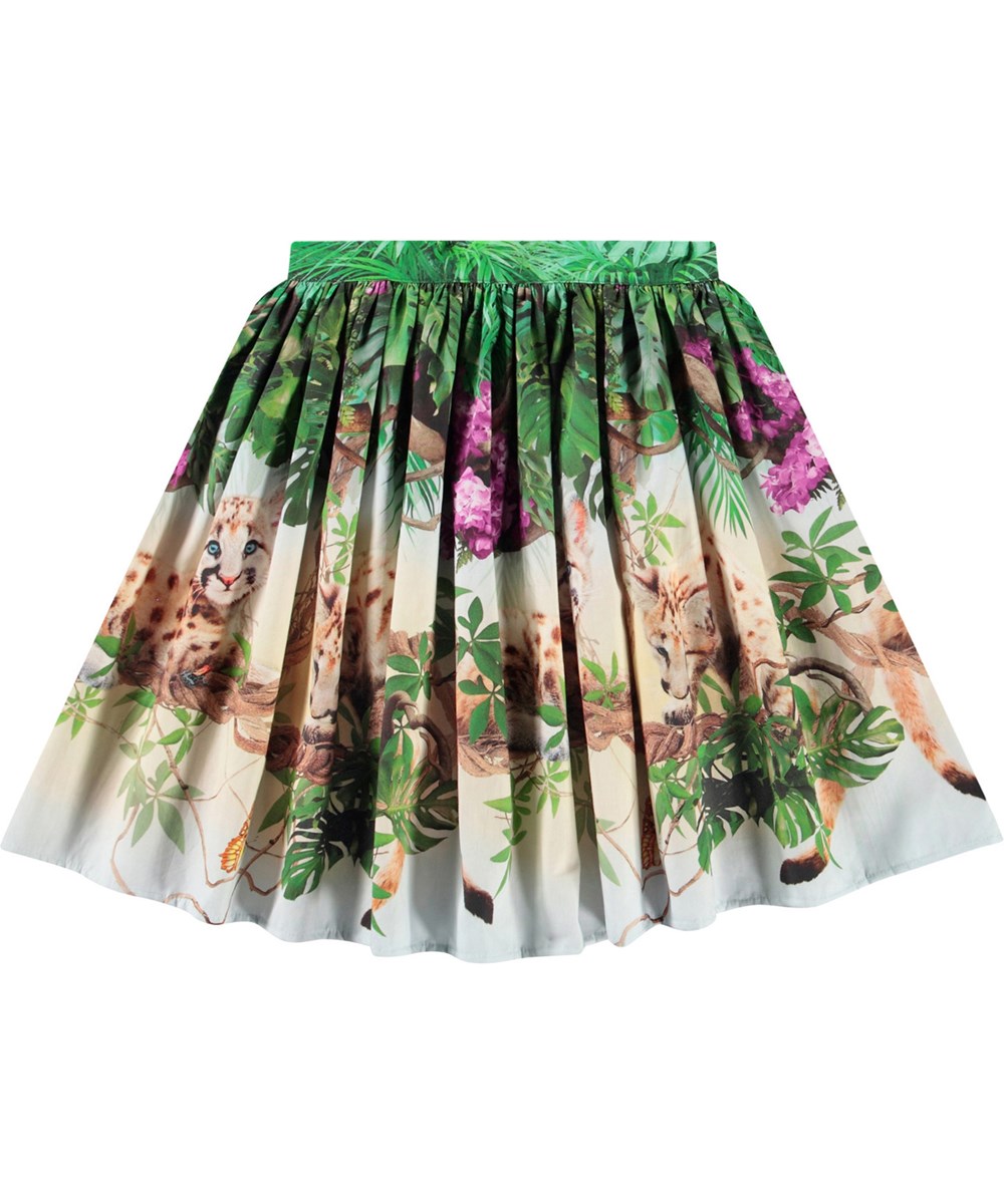 Bonnie - Fluffy Pumas - Multicoloured knee-length cotton skirt with a jungle animal print for children.