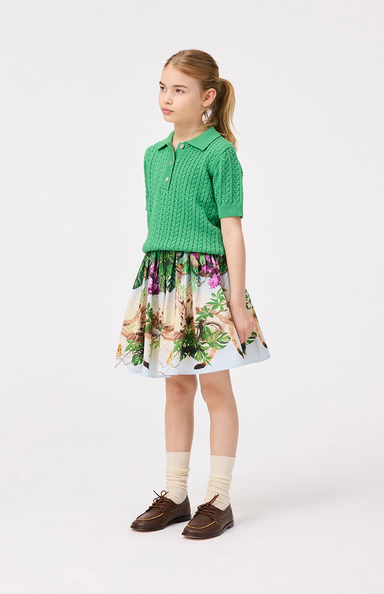 Bonnie - Fluffy Pumas - Multicoloured knee-length cotton skirt with a jungle animal print for children.