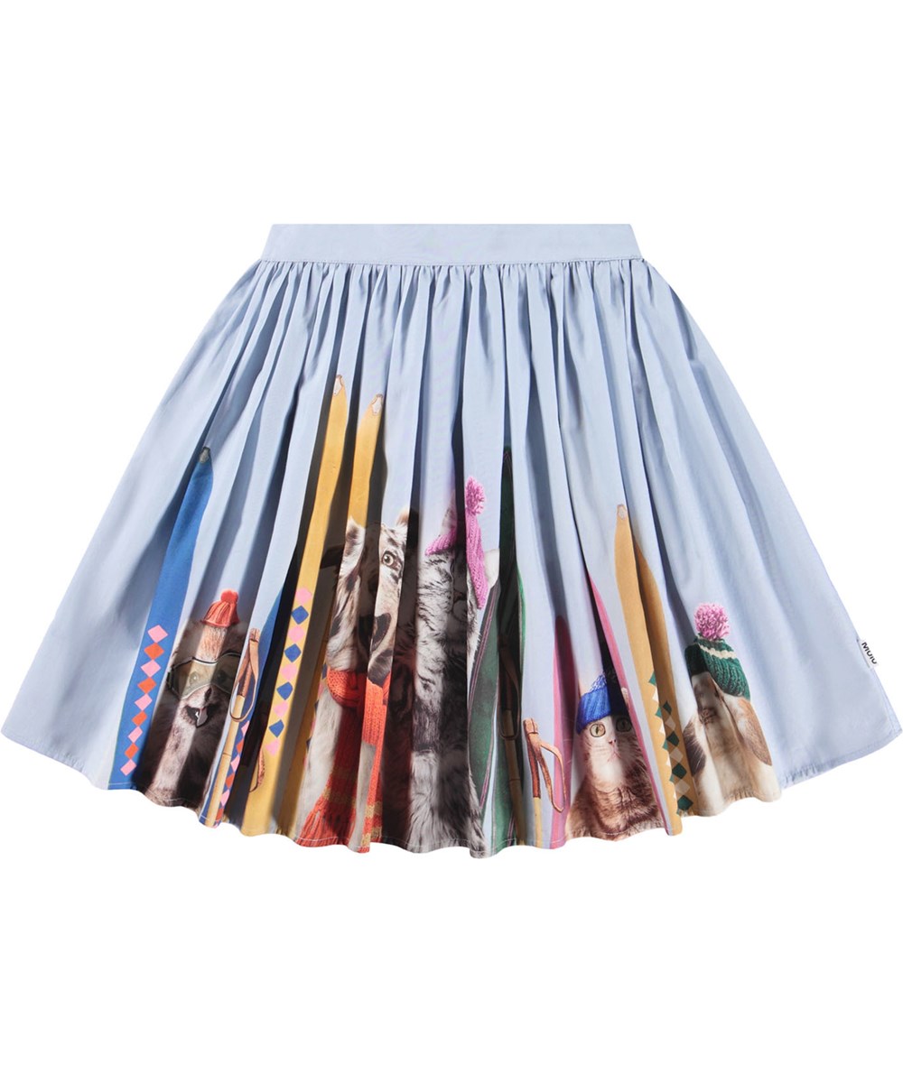 Bonnie - Going Skiing - Light blue knee-length skirt for children made of organic cotton with a print of animals on a skiing trip.