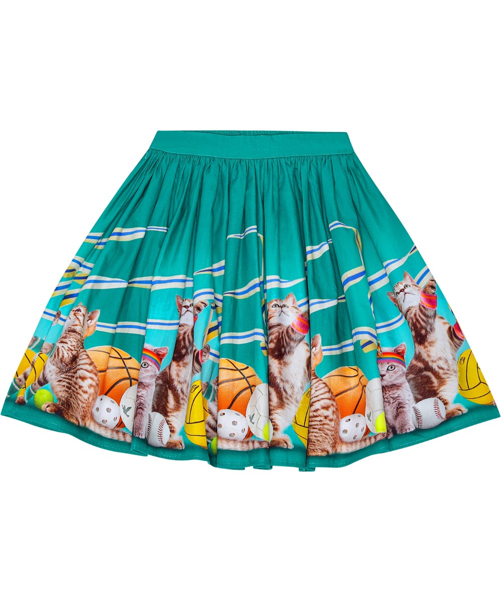 Bonnie - Sporty Cats - Petroleum green cotton skirt with elastic waistband and kitten print.