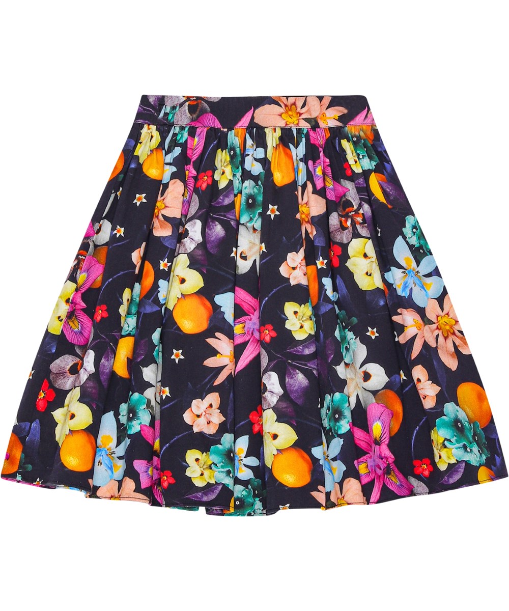 Bonnie - Vertical Garden - Black knee-length cotton skirt with elastic waistband and floral print.
