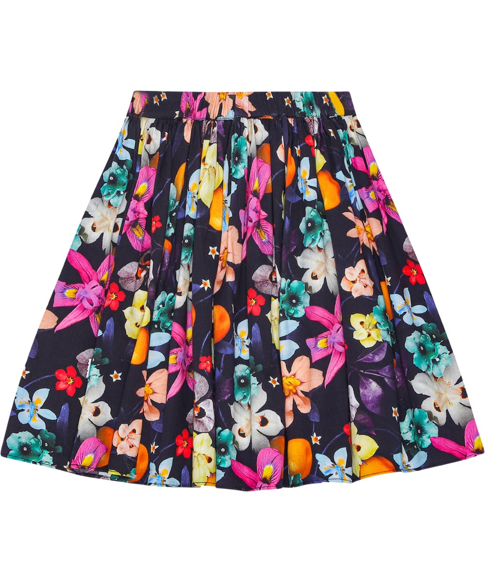 Bonnie - Vertical Garden - Black knee-length cotton skirt with elastic waistband and floral print.