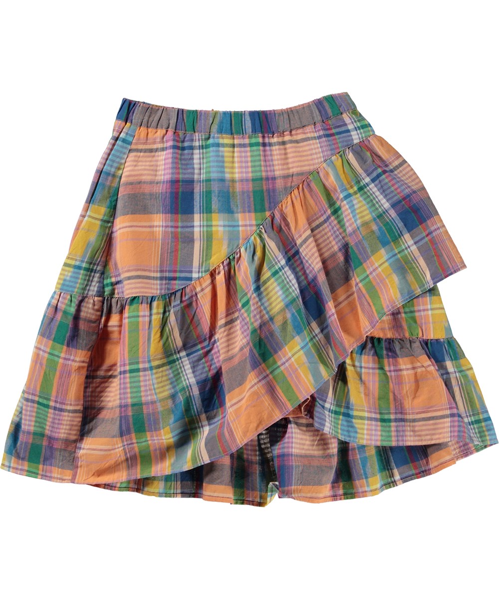 Breena Multi Ikat Knee length, Madras plaid skirt with ruffle Molo
