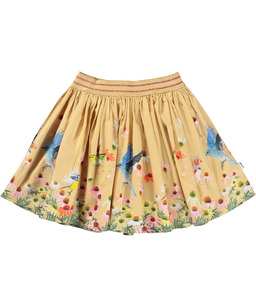 Brenda - Flower Field - Light yellow organic skirt with flowers and birds