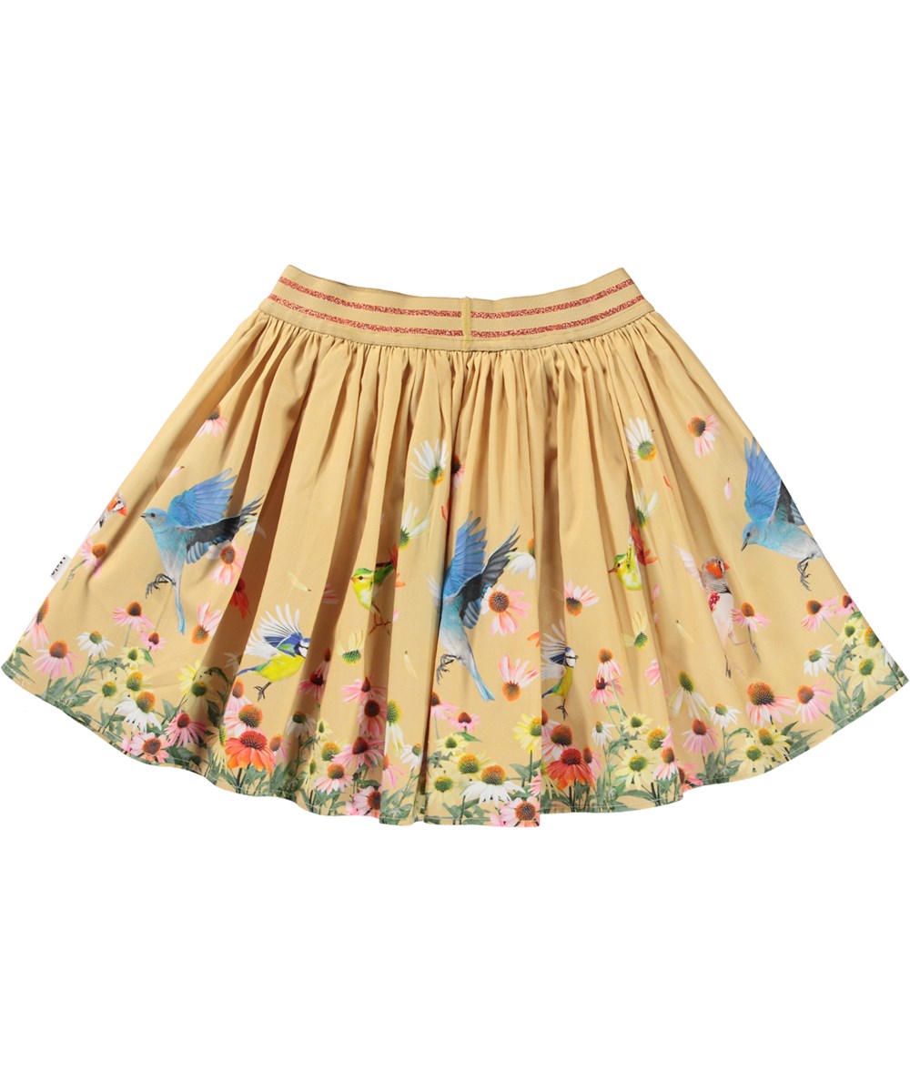 Brenda - Flower Field - Light yellow organic skirt with flowers and birds