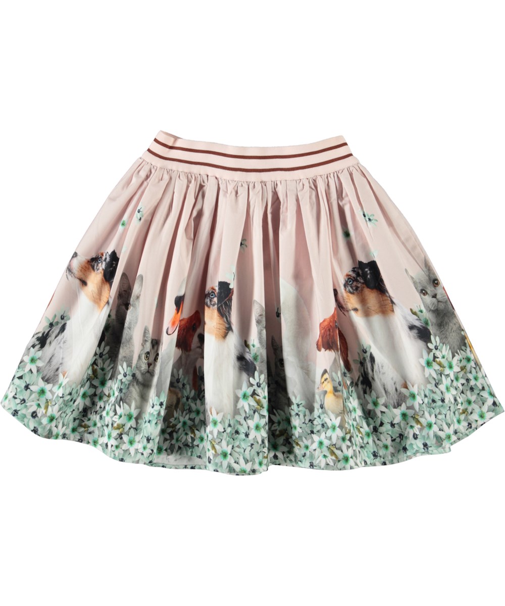 Brenda - Friends And Flowers - Pink, organic circular skirt with animal friends print 