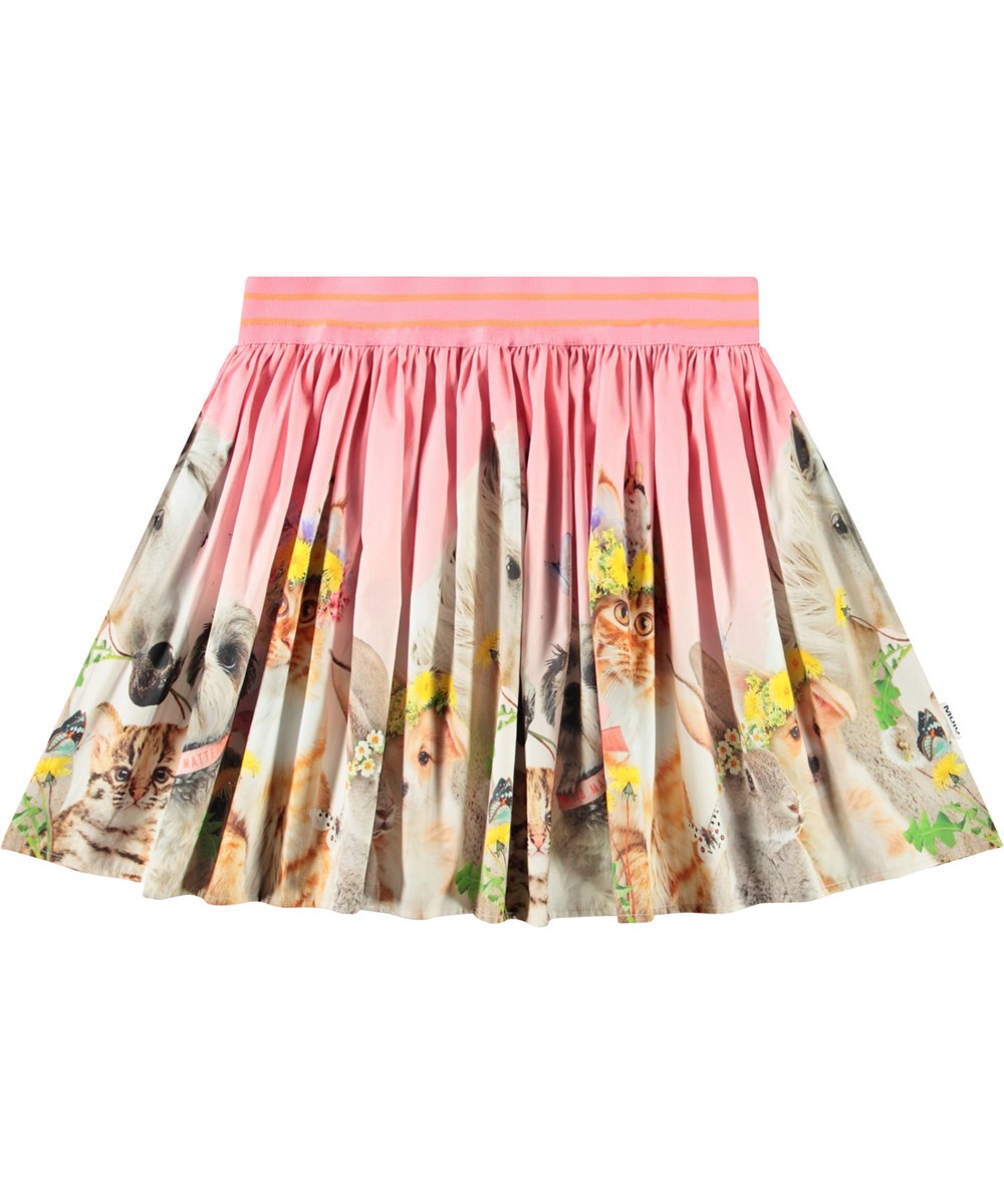 Brenda - Midsummer - Pink circular-cut skirt in organic cotton for children. The skirt features a print of cute baby animals with flower crowns.