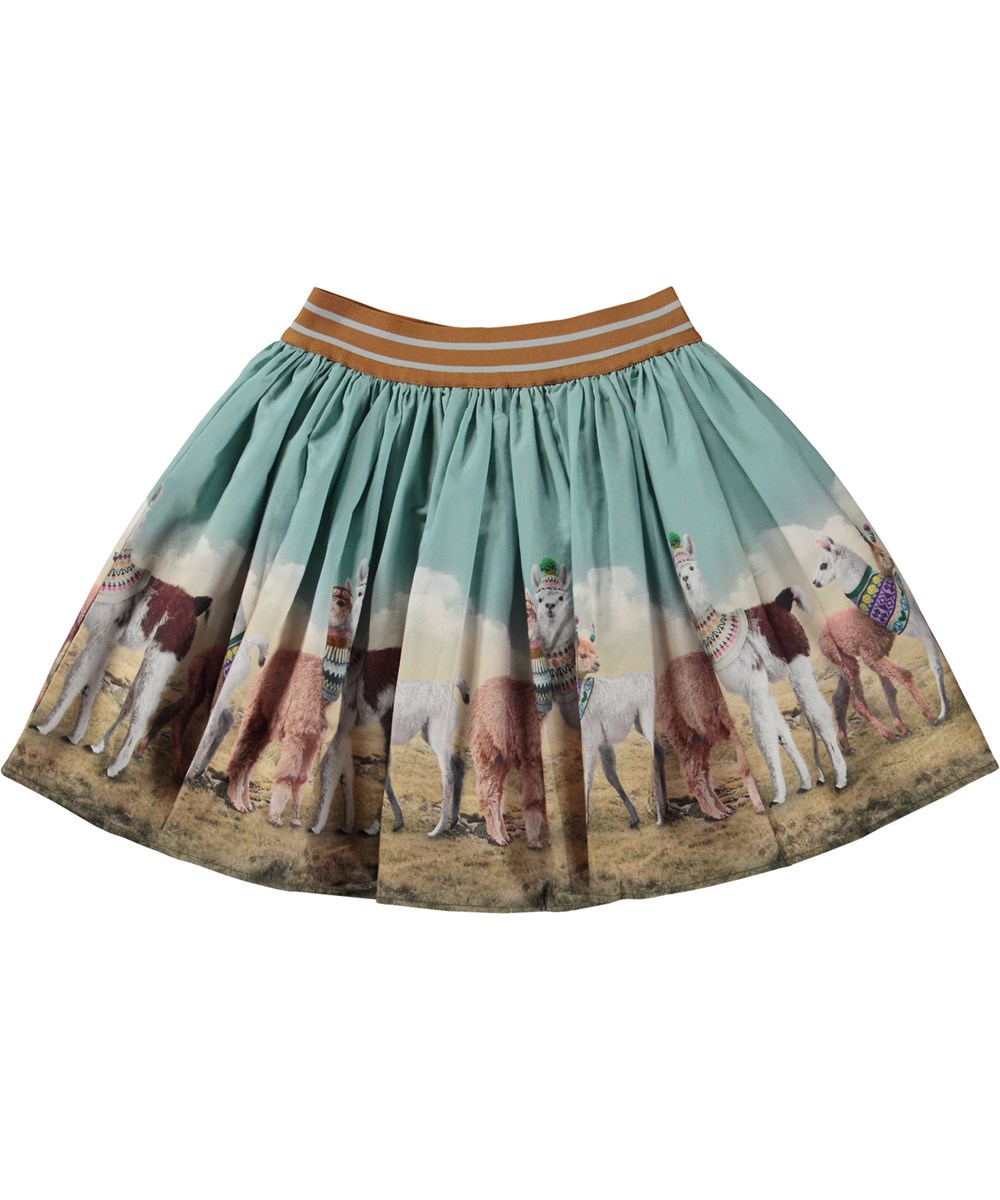 Brenda - Out And About - Blue and brown organic mini skirt with all over llama print