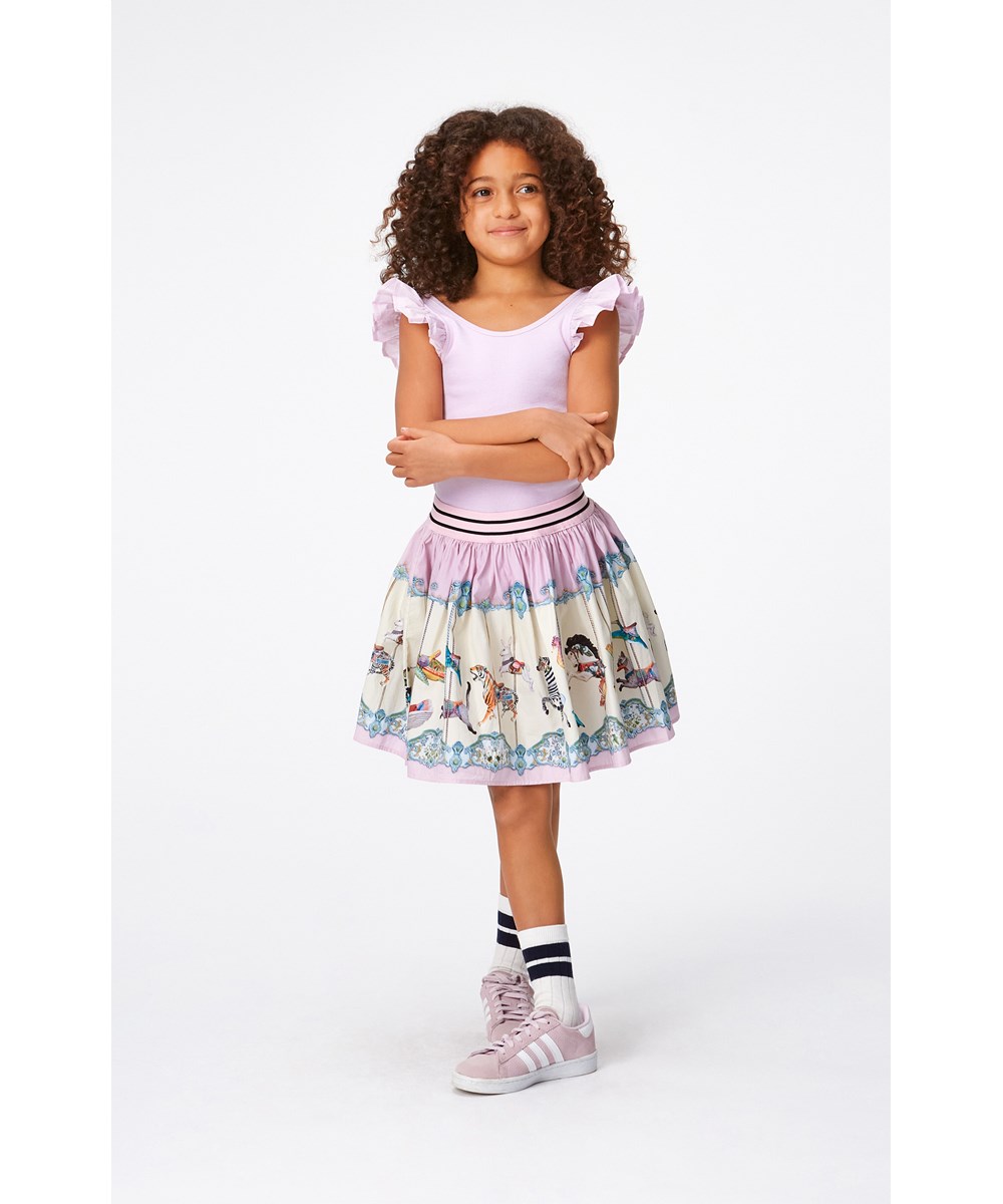 Brenda - Sea Carousel - Purple and off-white skirt in organic cotton with carrousel print 