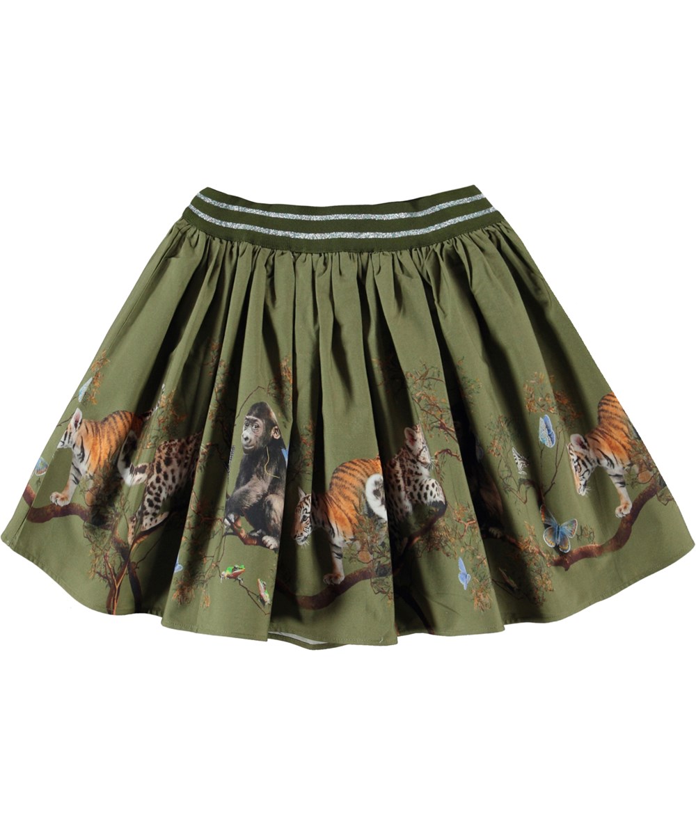 Brenda - Treetop Cubs - Army green, organic circular skirt with young animals