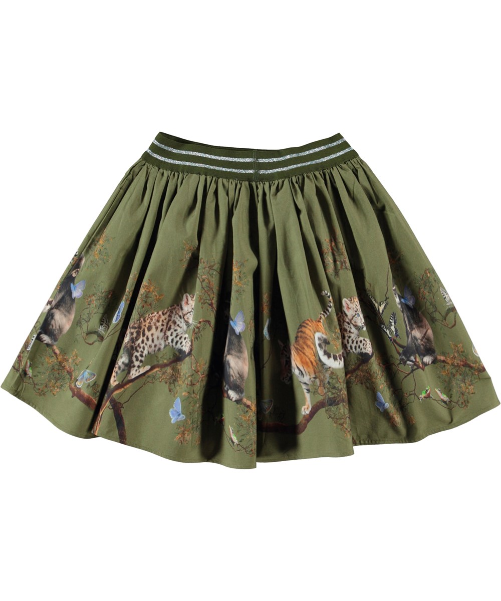 Brenda - Treetop Cubs - Army green, organic circular skirt with young animals