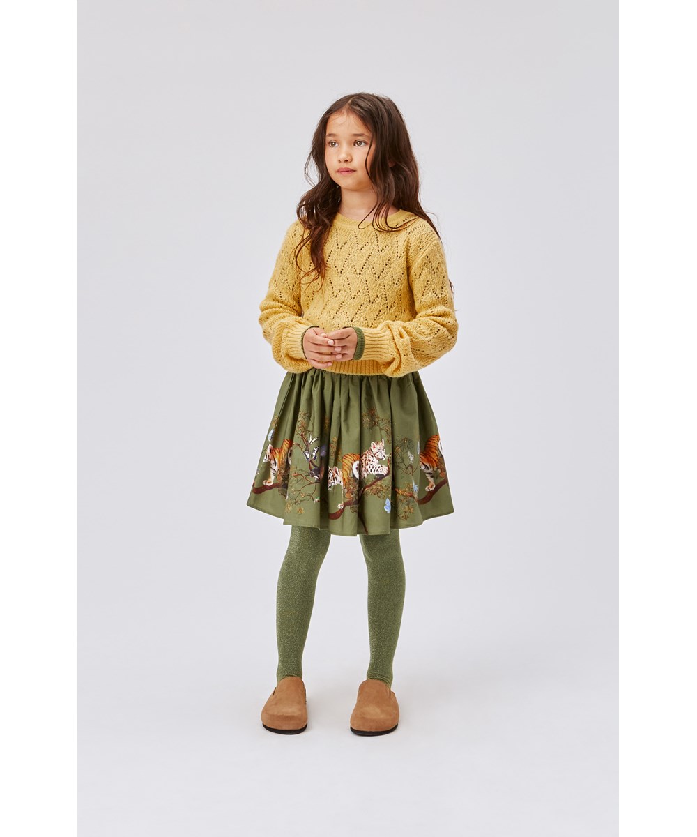 Brenda - Treetop Cubs - Army green, organic circular skirt with young animals