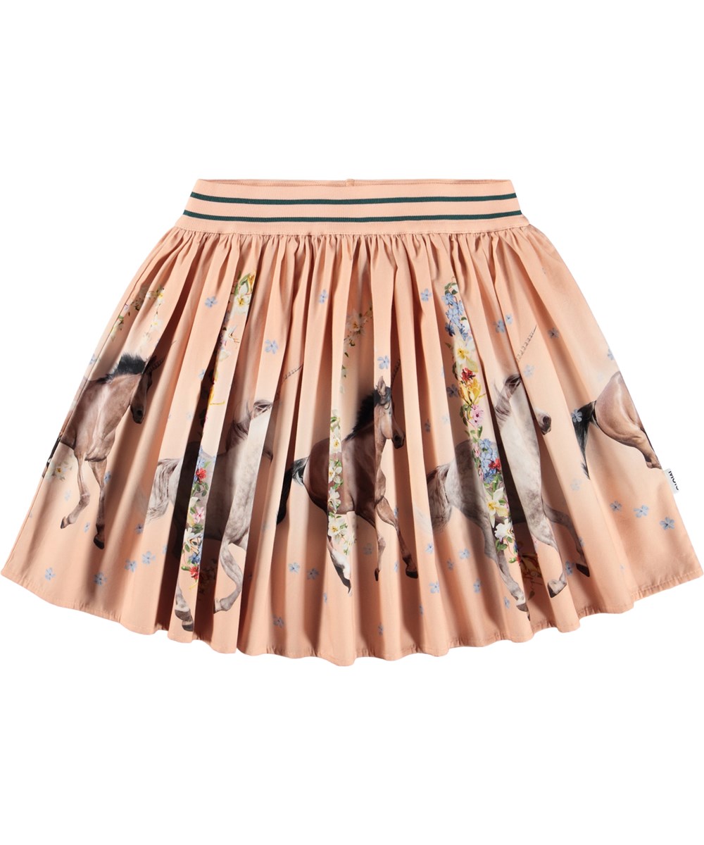 Brenda - Universal Flora - Rose circular-cut skirt made of organic cotton with a print of horses and flowers.