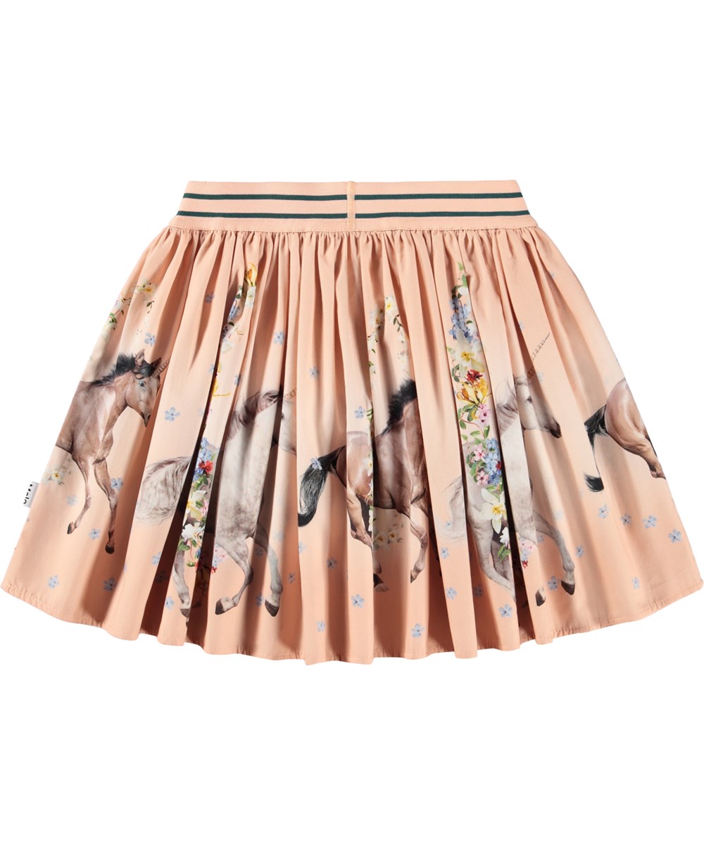 Brenda - Universal Flora - Rose circular-cut skirt made of organic cotton with a print of horses and flowers.