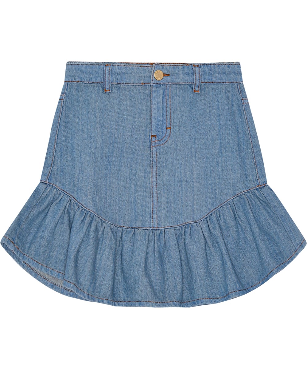 Bridget - Washed Denim Blue - Blue denim knee-length skirt with ruffled hem, front and back pockets, zip and button fastening, belt loops, and adjustable waist.