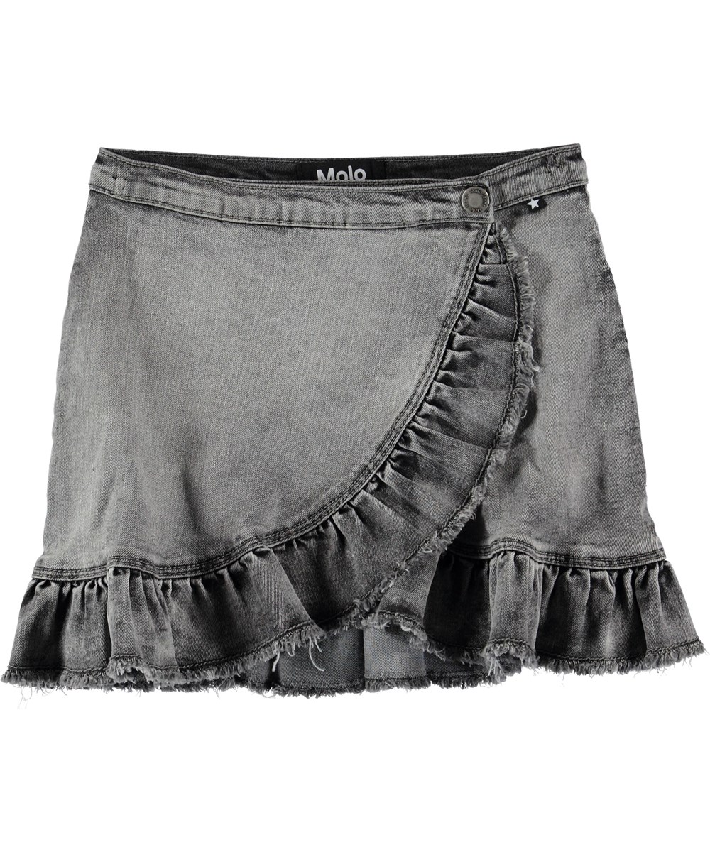 Brigitt - Grey Washed Denim - Grey denim skirt with ruffles.
