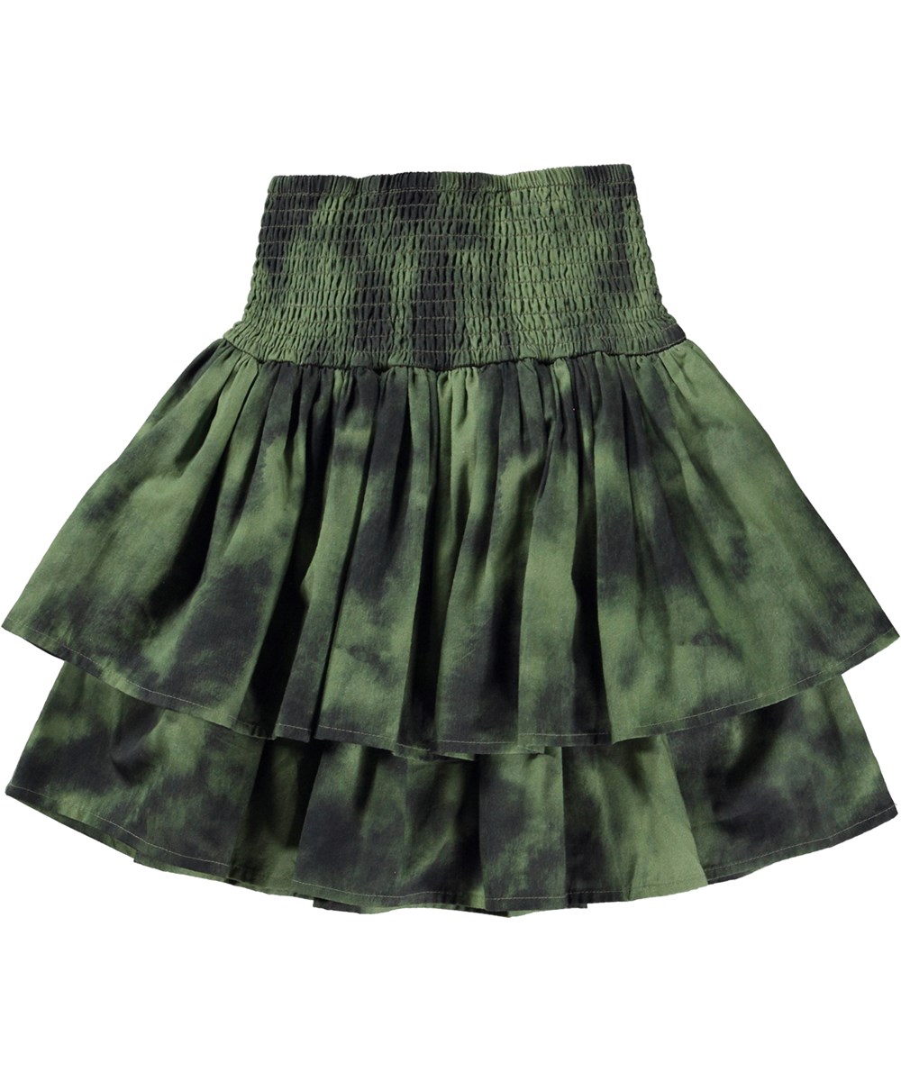 Brigitt - Moss Tie Dye - Green and black skirt with tie-dye print and smocking