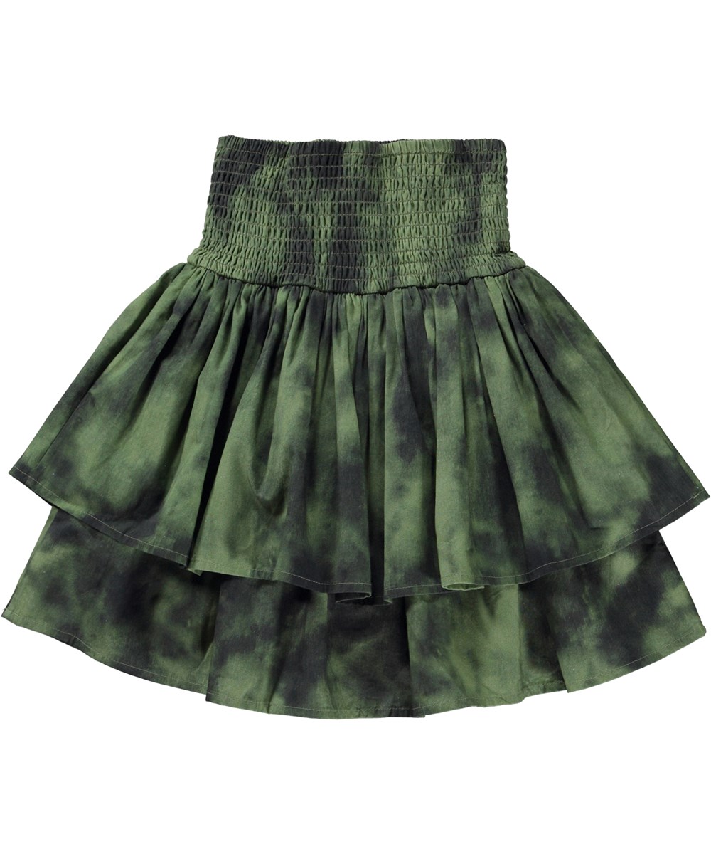 Brigitt - Moss Tie Dye - Green and black skirt with tie-dye print and smocking
